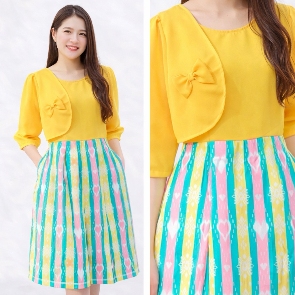 ชุดเดรสผ้าไทยแต่งเสื้อคลุม เดรส Dress เสื้อผ้าผู้หญิง ชุดทำงานผู้หญิง ชุดทำงานผ้าไทย ผ้าไทย