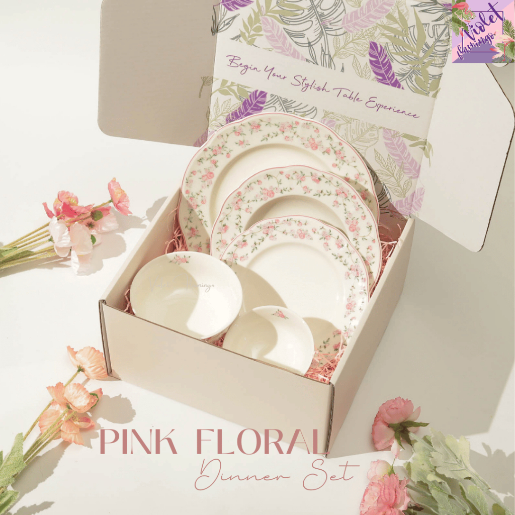 Violet Flamingo เซ็ตจานเซรามิคลายดอกไม้สีชมพู Pink Floral Dinner Set พร้อมกล่องของขวัญ วัสดุจาน Premium Fine Porcelain