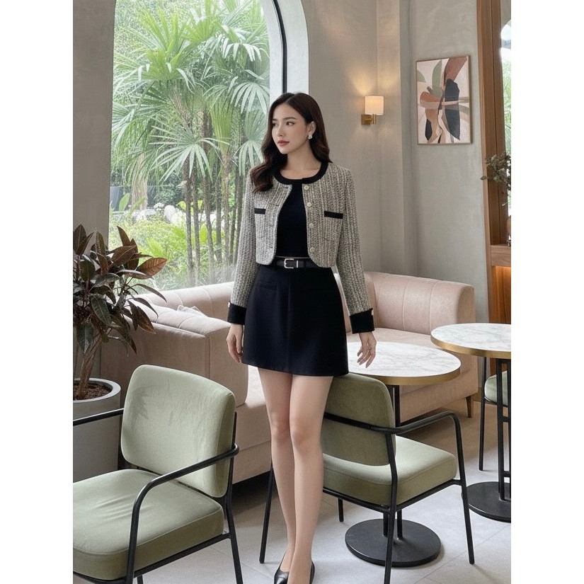 THE CLOSETA : (พร้อมส่ง) LV213 ชุดเซ็ท4ชิ้นเสื้อกล้าม+เสื้อคลุมผ้าทวิต+กระโปรงสั้น+เข็มขัด