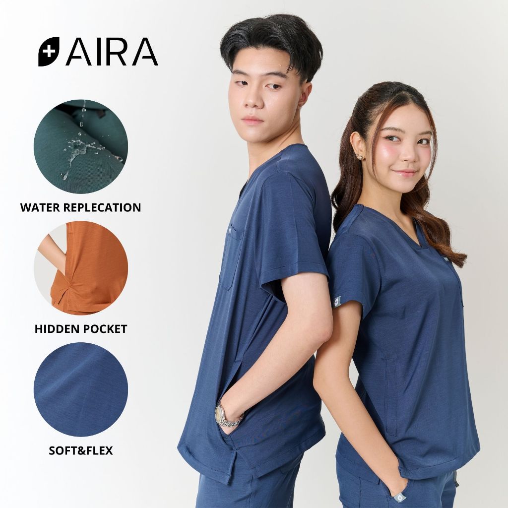 ชุดสครับ พร้อมปักชื่อ สะท้อนน้ำ Aira Scrubs สี Navy