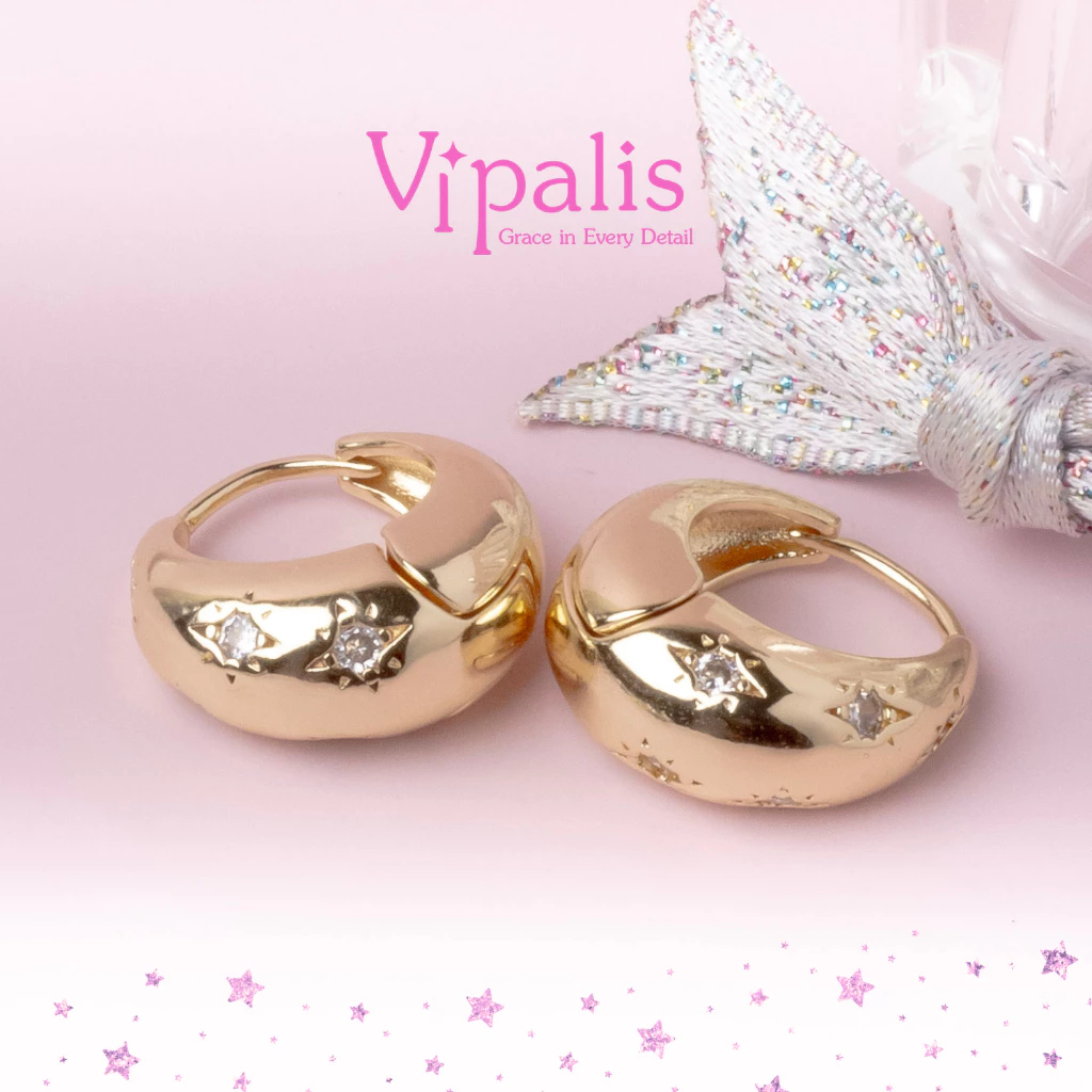 พร้อมส่ง Vipalis ต่างหูห่วงสีทองฝังเพชรดาว | Gold Star Hoop Earrings