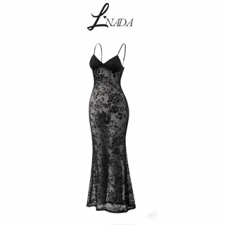 【L'NADA】Lace Backless Dress พร้อมส่ง เดรสยาวสายเดี่ยวลูกไม้ซีทรู โชว์หลัง มีซับใน