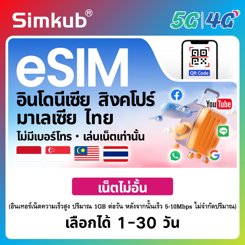 eSIM Indonesia&Singapore&Malaysia&Thailand ใช้ได้ใน 4 ประเทศ เน็ตไม่จำกัด รองรับ 5G/4G เลือกได้ 1-30