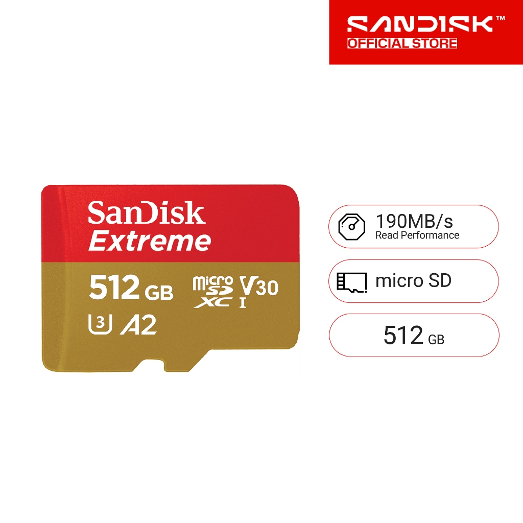 SanDisk EXTREME micro SDXC UHS-I A2 512GB (SDSQXAV-512G-GN6MN) reads 190MB/s writes 130MB/s