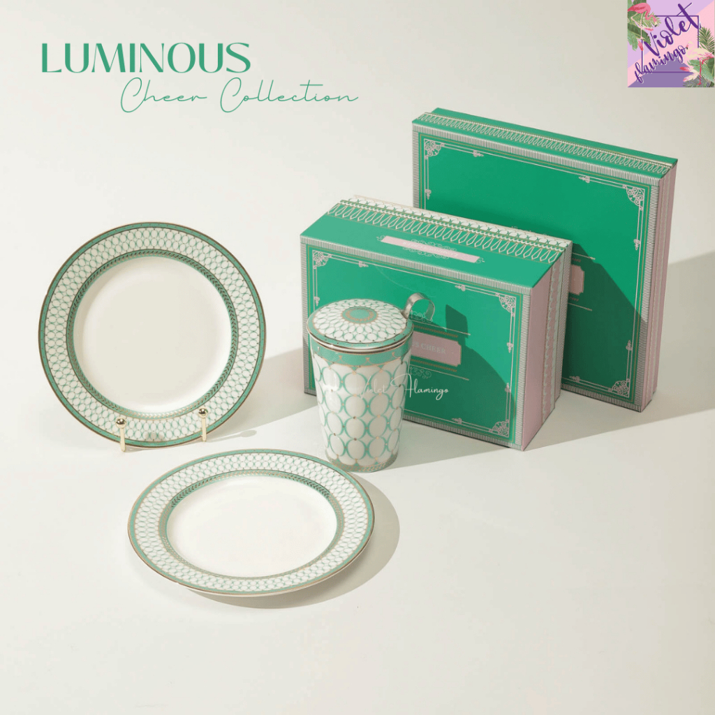 Violet Flamingo Luminous Cheer Collection | จานเซรามิกขอบทอง / แก้วชาพร้อมที่กรอง 320ml พร้อมกล่องของขวัญ