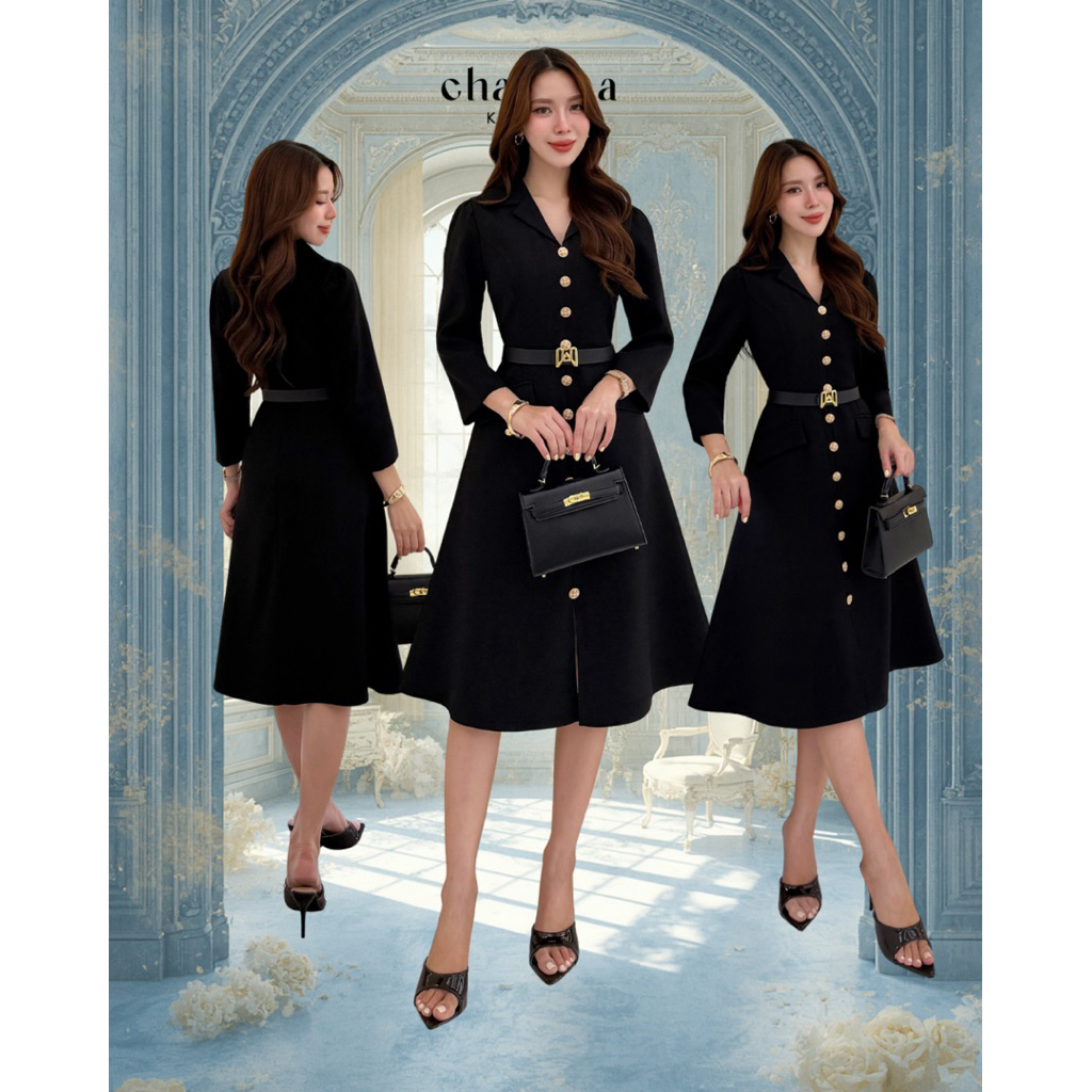 Blazer Dress พร้อมปกคอวีที่ช่วยให้คอดูเพรียว แถมฟรีเข็มขัด code 26200