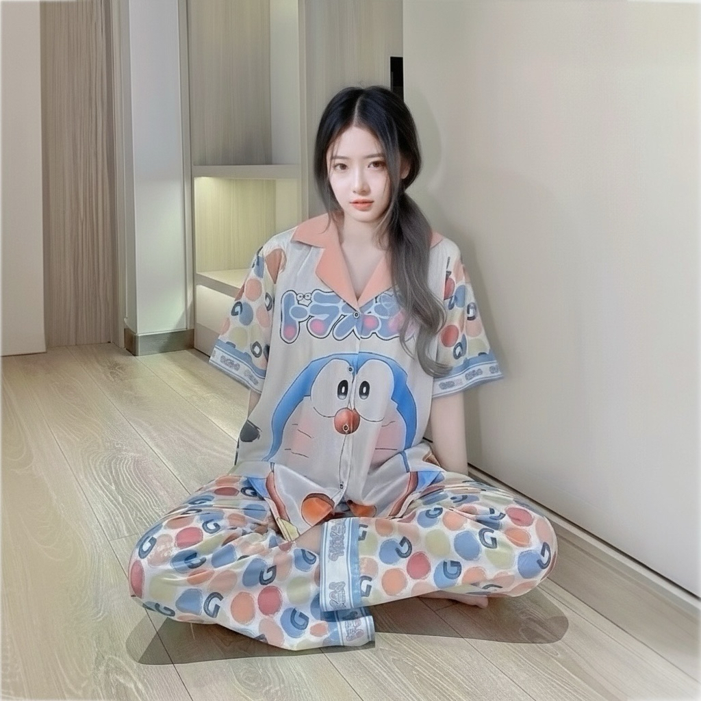 ชุดนอนแขนสั้นขายาวลายโดเรม่อน ผ้าซาตินเกรดพรีเมี่ยม ชุดนอนลายการ์ตูน (ชำระเงินปลายทาง)