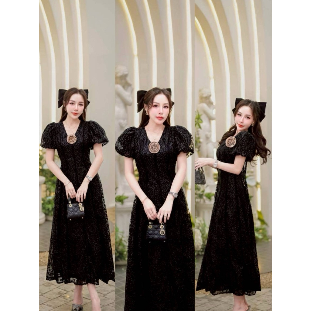 S-4Xl เดรสลูกไม้ยาวและเข็กกลัดดอกสามดีสวยมากป้าย Si-am