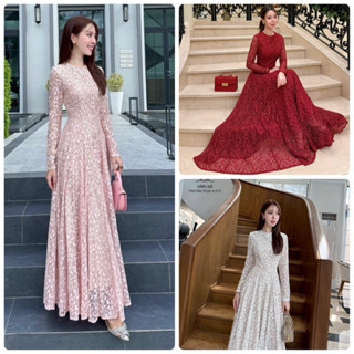 Alicia แม็กซี่เดรสผ้าลูกไม้ เดรสคอกลมแขนยาวซีทู
