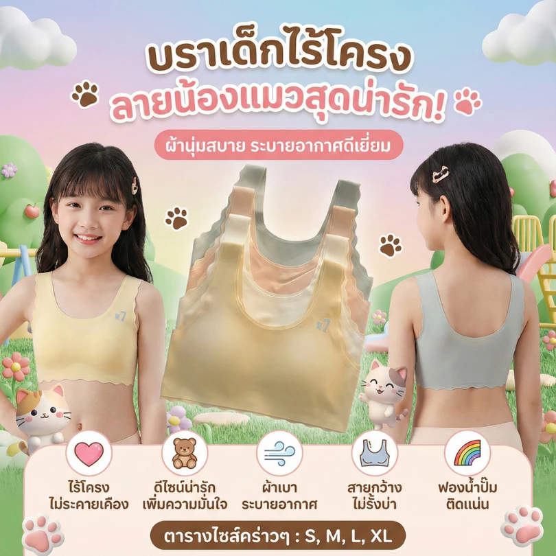 บราเด็กผู้หญิงไร้โครง ลายน้องแมว ผ้านุ่มสบาย ระบายอากาศดี ไม่มีโครง ไม่บีบรัด สำหรับเด็กวัยประถมถึงมัธยมต้น | เสื้อกล้าม