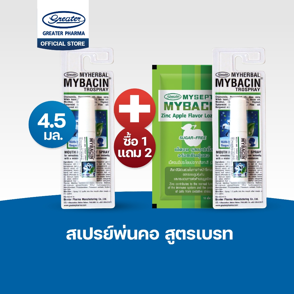 รวมสูตรสเปร์ยพ่นคอ 3สูตรโปร 1 แถม2 ขนาด 4.5 ml  MyBacin+เม็ดอมซิงค์Apple 1 ซอง - รูปที่ 2
