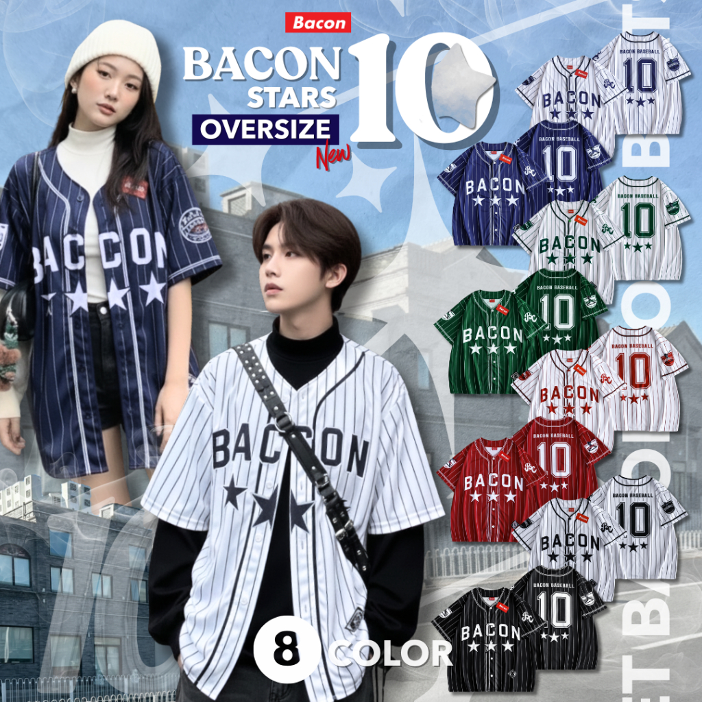 Bacon 10 เสื้อเบสบอล สามดาว ทรง Oversize (กระดุมจริง) งานพิมพ์ลายทั้งตัว อก 46-54