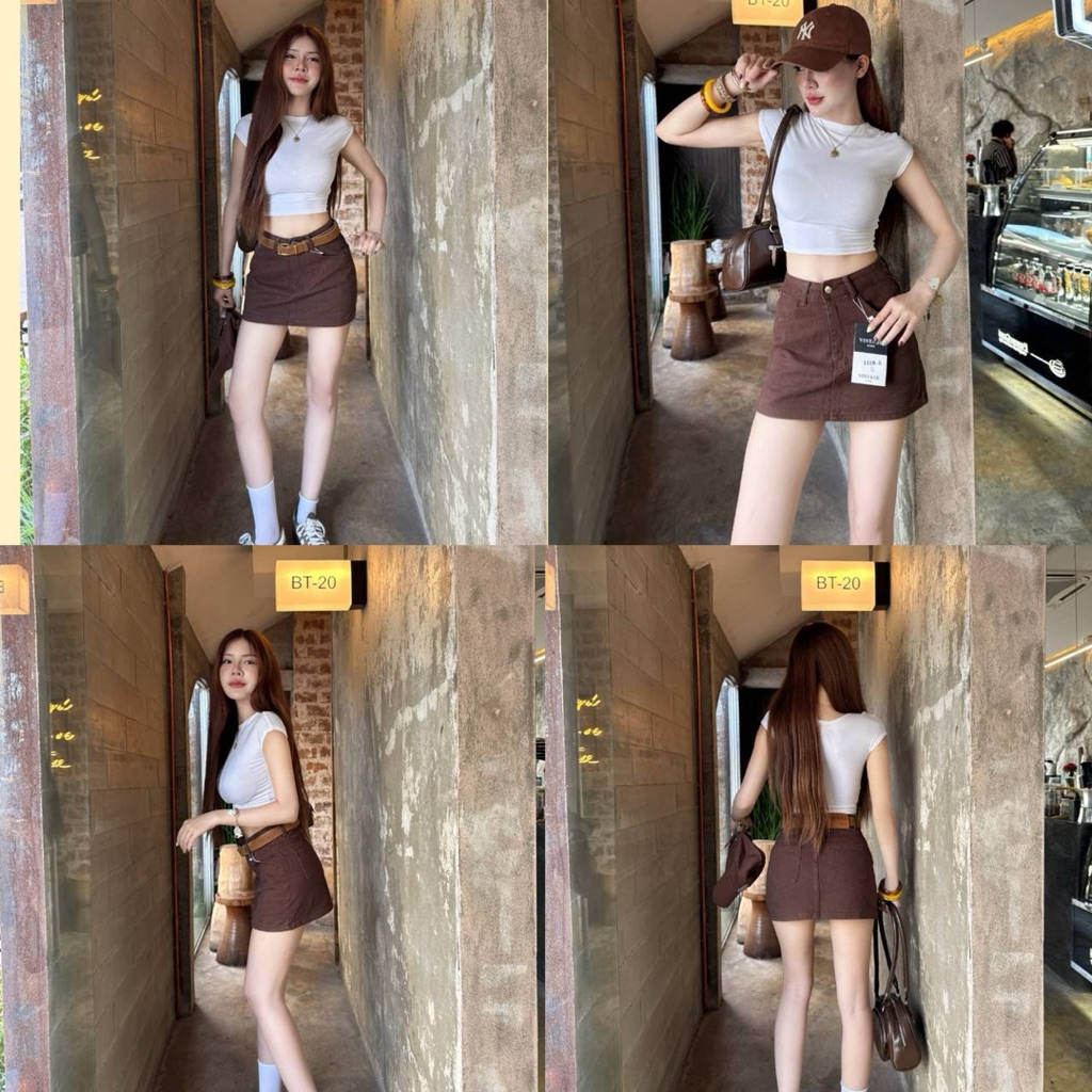VINTAGE (1319-1) กระโปรงยีนส์เอวสูง เนื้อผ้ายีนส์ไม่ยืด มีซับใน (S-XL)