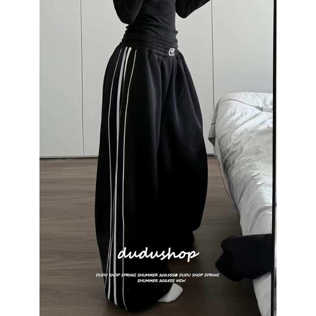 [Side-striped casual wide-leg pants]สไตล์อเมริกันวินเทจหญิงภาควิชาแจ๊สเต้นรำด้านข้างลายลำลองกางเกงขากว้าง
