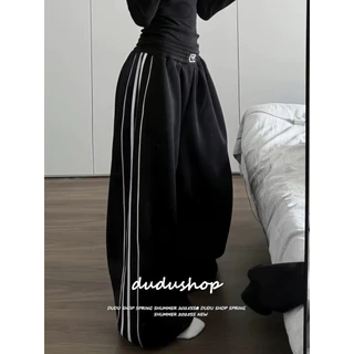 [Side-striped casual wide-leg pants]สไตล์อเมริกันวินเทจหญิงภาควิชาแจ๊สเต้นรำด้านข้างลายลำลองกางเกงขากว้าง