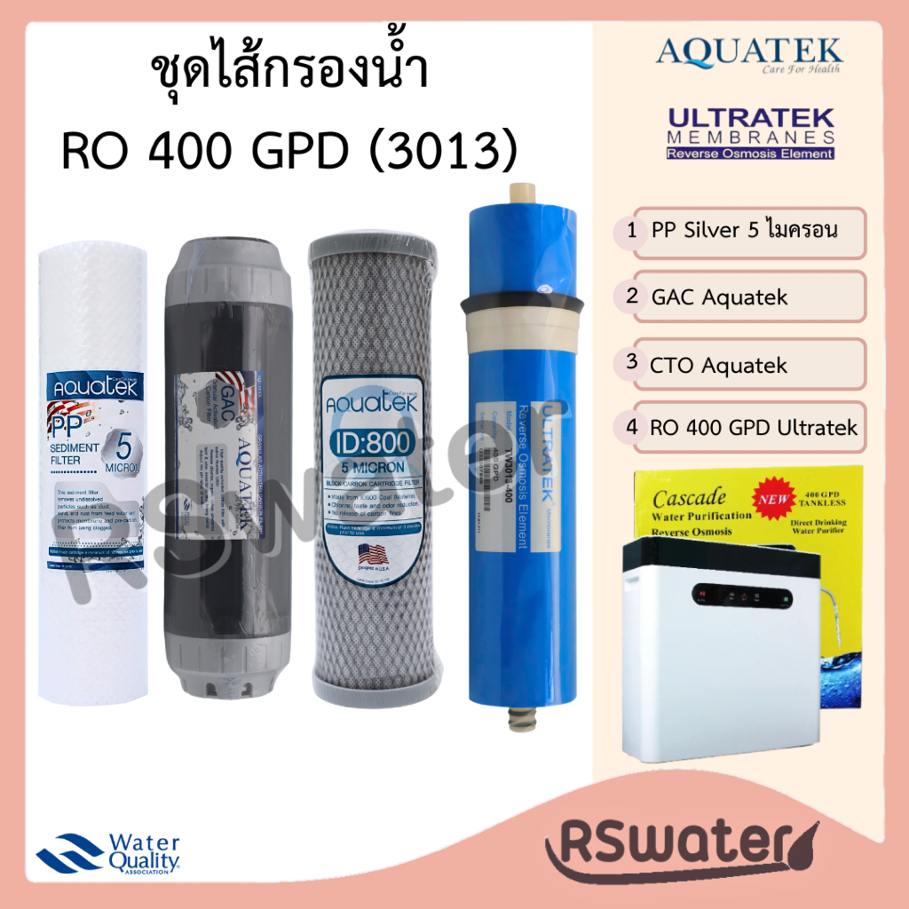 ชุดไส้กรอง RO 400 GPD 4 ขั้นตอน สำหรับเครื่องกรองน้ำ RO 400 GPD Cascade PP GAC CTO RO