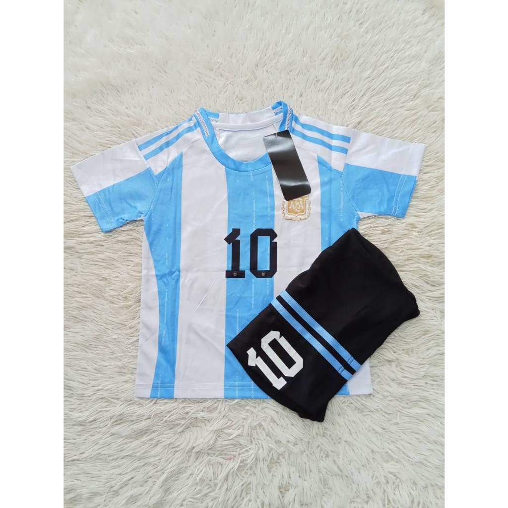 ชุดบอลเด็กแขนสั้น ลายทีมชาติอาร์เจนติน่า พร้อมสกรีนเบอร์ 10 Messi เสื้อกีฬาเด็ก+กางเกง