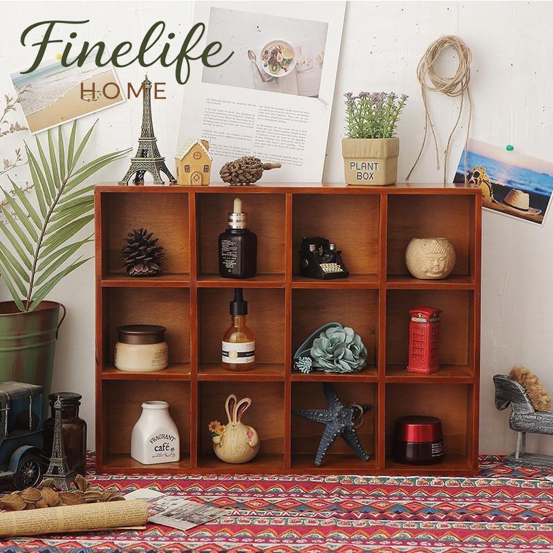 Finelife ตู้โชว์ติดผนัง กล่องเก็บของบนโต๊ะ ชั้นวางของไม้ 12 ช่อง  ชั้นวางสไตล์วินเทจ สำหรับบ้าน ทำจากไม้ยางพารา