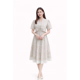 ชุด2in1 มีซิปหลังและสม็อคหลัง แต่งเสื้อคลุม ผูกโบว์ที่เสื้อคลุม เดรส Dress เสื้อผ้าผู้หญิง เสื้อผ้าแฟชั่น ชุดผ้าไทย
