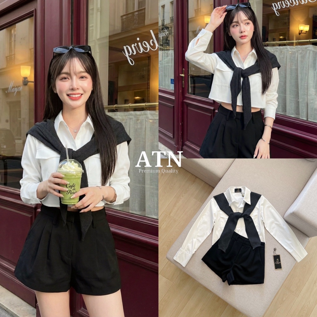 ATN  SETเสื้อเชิ้ตคอปก+ผ้าคลุมไหล่+กางเกงขาสั้น