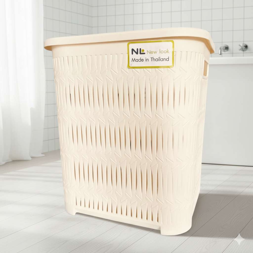 ตะกร้าสี่เหลี่ยมสีครีมลายไม้ไผ่ ขนาดกลาง 32.5W*38L*41H มือจับไม่เจ็บ BK-114 ใส่ได้หลากหลาย Medium si