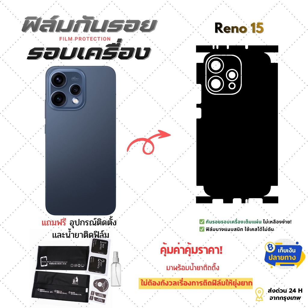 ฟิล์มกันรอยด้านหลังและขอบข้าง OPPO Reno 15 | งานตัดเนียน แนบสนิท ใช้คู่กับเคสได้