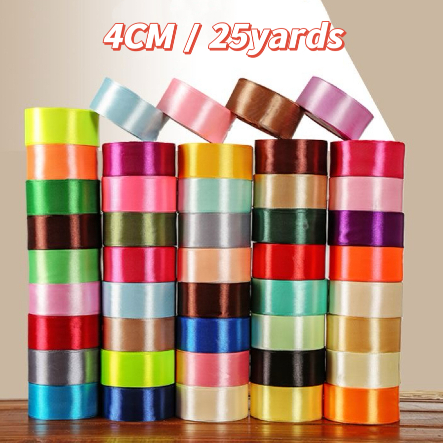 ม้วนริบบิ้นสี 40 มม. ด้านเดียว 4cm ริบบิ้นทั่งซาตินขนาด 25 หลา ริบบิ้นบรรจุภัณฑ์ของขวัญทำคันธนูตกแต่งหมวกขนาดเล็กตกแต่งช