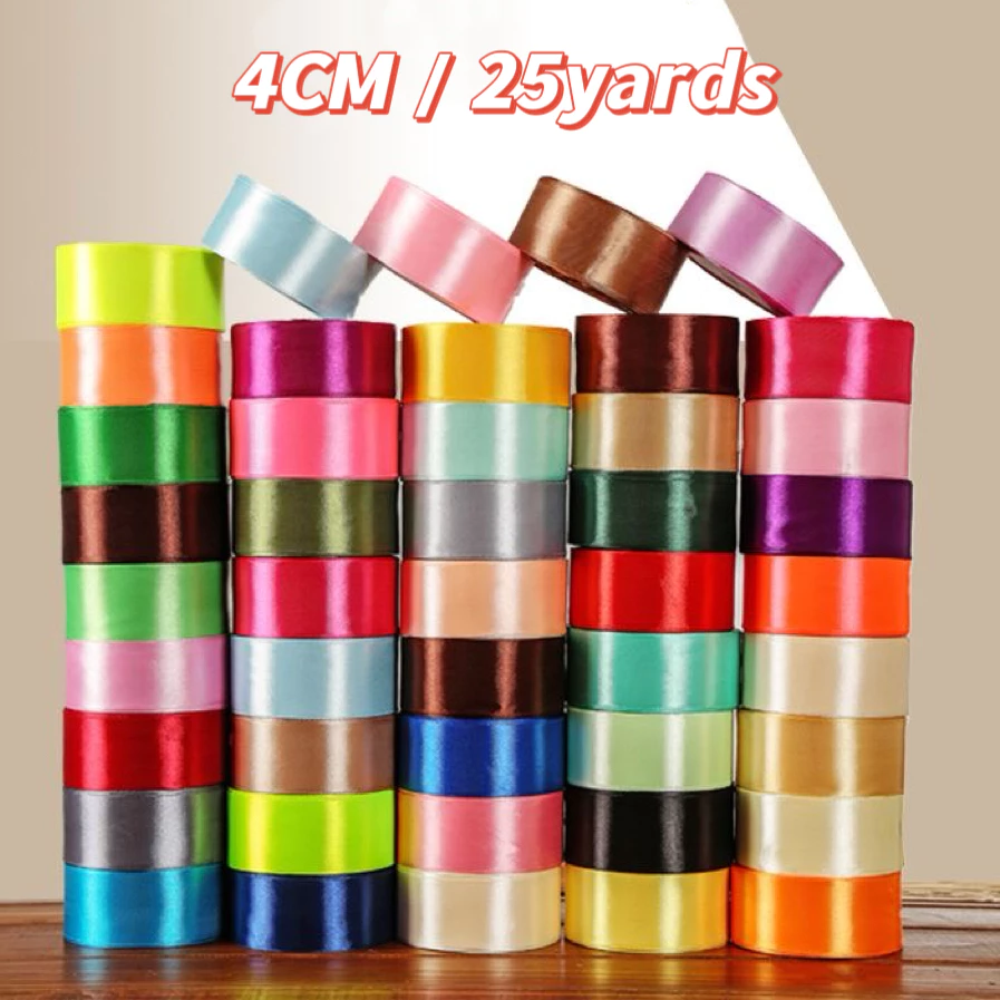 ม้วนริบบิ้นสี 40 มม. ด้านเดียว 4cm ริบบิ้นทั่งซาตินขนาด 25 หลา ริบบิ้นบรรจุภัณฑ์ของขวัญทำคันธนูตกแต่งหมวกขนาดเล็กตกแต่งช