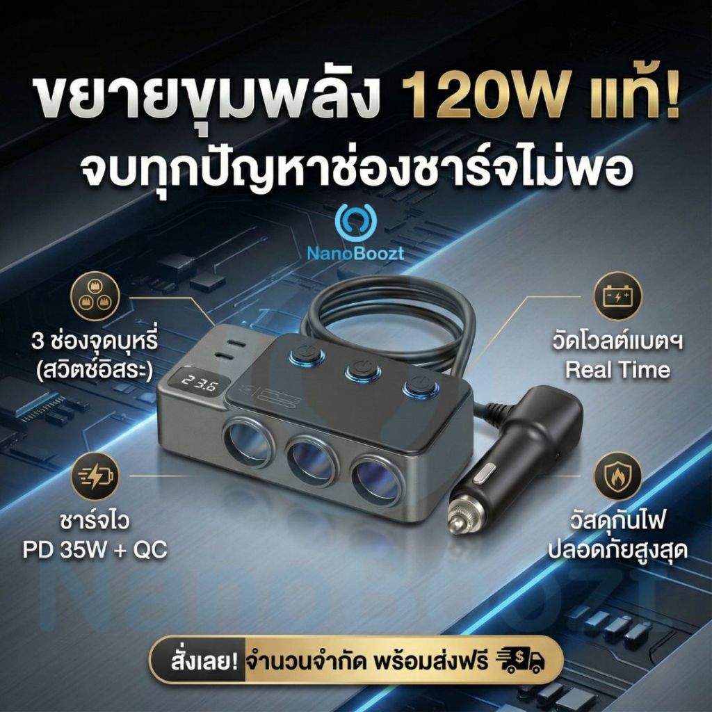 NanoBoozt รุ่นใหม่ 2025 อุปกรณ์เพิ่มช่องจุดบุหรี่ในรถยนต์ 3 ช่อง 3 USB 2 Type-C High Power 120W แท้
