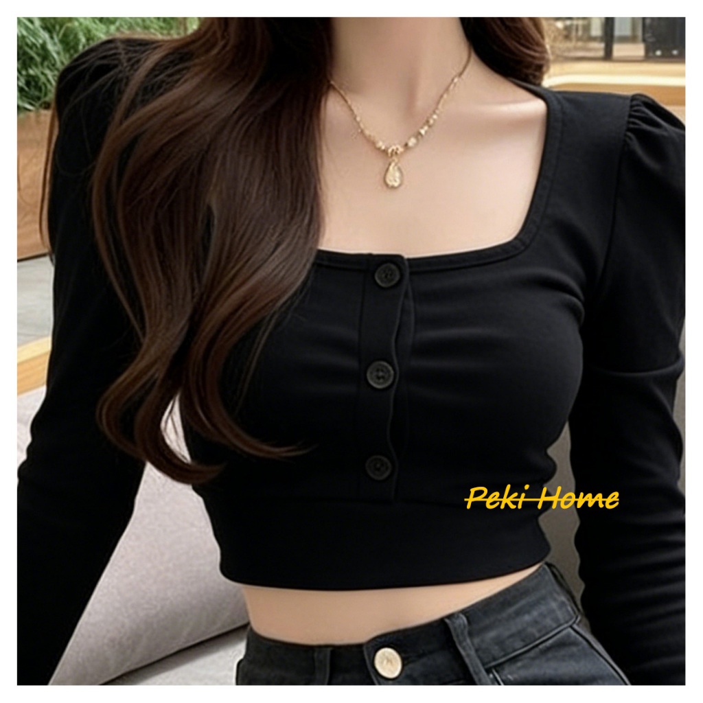 เสื้อครอปแขนยาวผู้หญิง คอสี่เหลี่ยม ทรงสั้น
