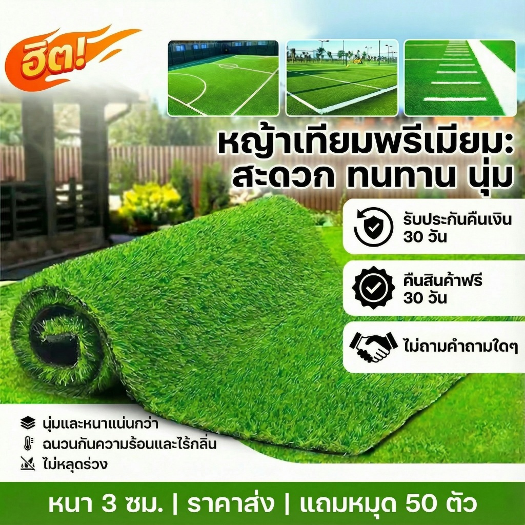 หญ้าเทียม 2x3 เมตร พรมหญ้าจำลองสำหรับสวนกลางแจ้ง พรมหญ้าสังเคราะห์หนา 25/30 มม.