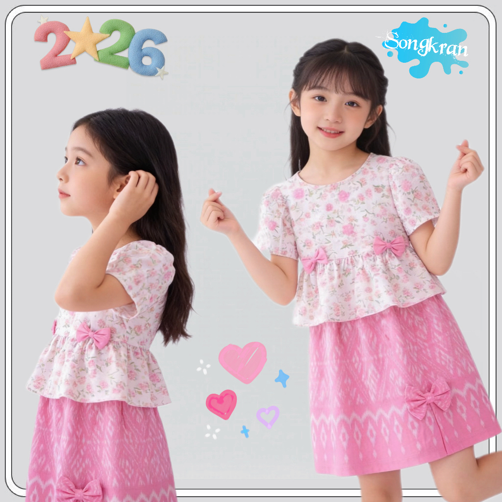 MC190🌸 ชุดเดรสเด็กผู้หญิงลายดอกชมพูหวาน โบว์น่ารัก  🎀 เดรสเด็กแฟชั่นลายดอก สีชมพู โบว์คู่ สไตล์คุณหนู