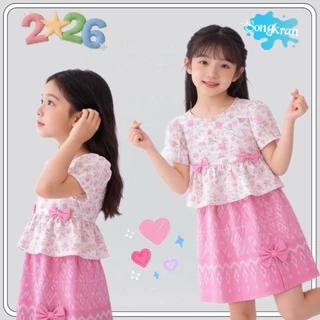 MC190🌸 ชุดเดรสเด็กผู้หญิงลายดอกชมพูหวาน โบว์น่ารัก 🎀 เดรสเด็กแฟชั่นลายดอก สีชมพู โบว์คู่ สไตล์คุณหนู