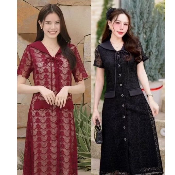 แบรนด์ชุดเดรสผู้หญิง ดีไซน์ลูกไม้สีแดงและดำ แต่งโบว์และกระดุม สำหรับโอกาสพิเศษเเดรสแดงตรุษจีน เดรสลูกไม้แดง เดรสลูกไม้ดำ