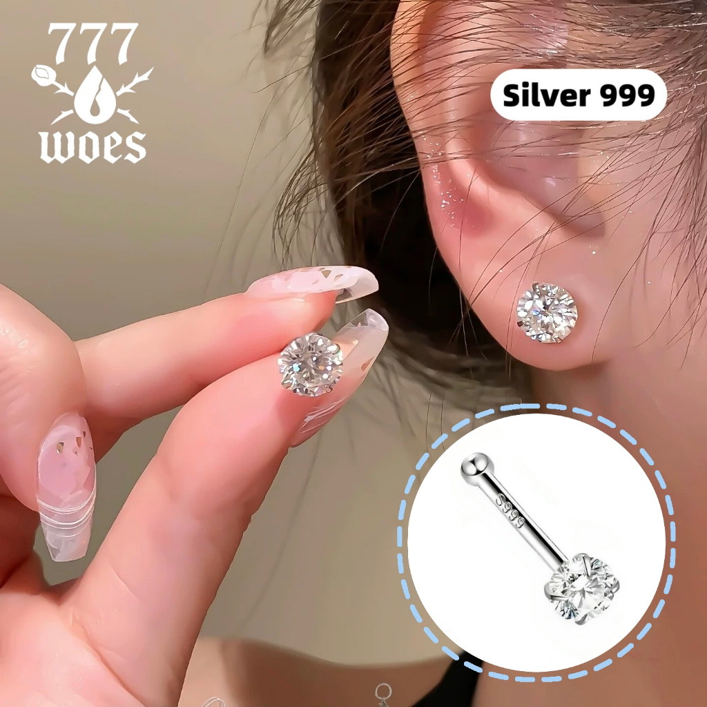 S999เงินแท้ต่างหูแท่งเพชรCZจิวจมูกแวววาวใส่ง่ายถอดสะดวกแบบพื้นฐานใส่นอนได้ไม่แพ้สไตล์เกาหลี