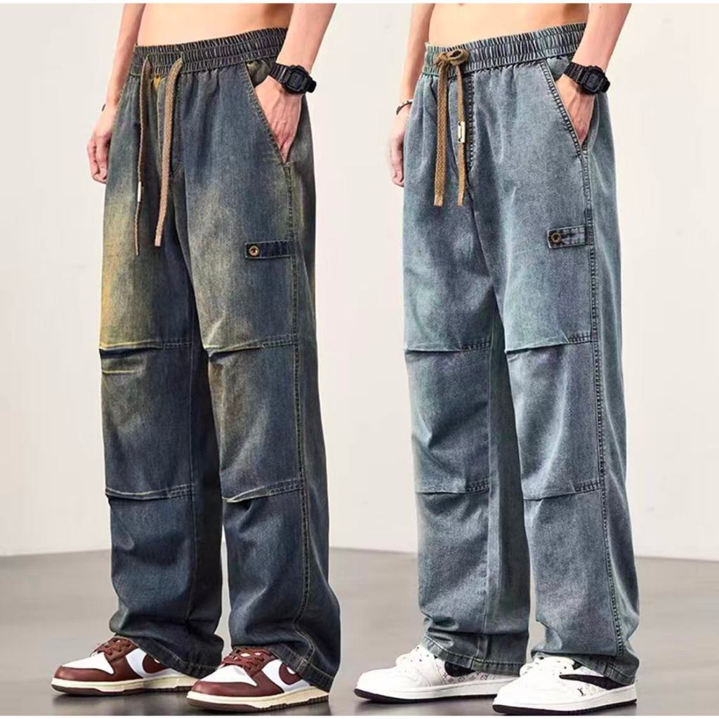 กางเกงยีนส์ผู้ชาย กางเกงยีนส์ทรงตรงอเมริกันแฟชั่นไฮสตรีท ไซส์ใหญ่หลวม กางเกงยีนส์ชาย