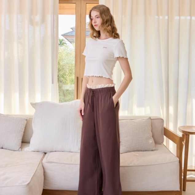 〰️🌷กางเกงฮิปปี้ ผ้าลินินทิ้งตัวสวย แต่งลูกไม้ขอบเอว มีกระเป๋าข้าง #547🌷〰️