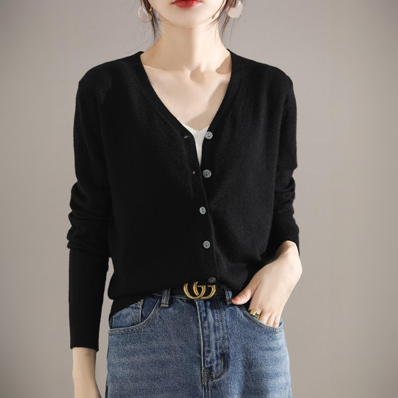คอวี เสื้อไหมพรมแขนยาว คาร์ดิแกน ผู้หญิง บางสีทึบ สลิมฟิต เสื้อกันหนาวแฟชั่นลำลองสไตล์เกาหลี sweater cardigan - รูปที่ 3