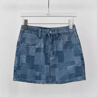 Atipashop - Ligne Denim Skirt (#ATP601) กระโปรงสั้นยีนส์ลายสก็อตตาราง