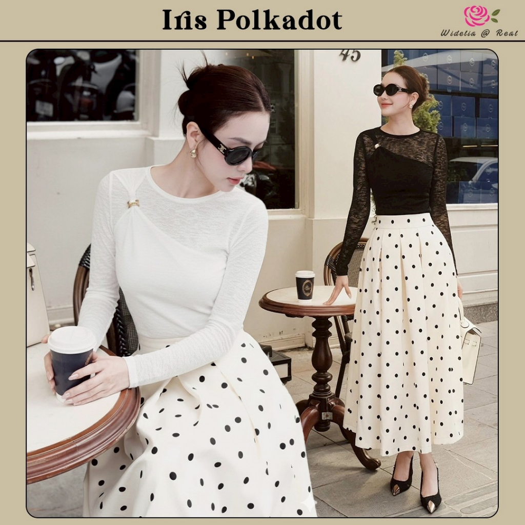 Iris Polkadot Set มีให้เลือก 2 สี สีขาว/สีดำ ชุดเซ็ท 2 ชิ้น เสื้อแขนยาว คอปาดเฉียงแต่งอะไหล่สีทอง+กระโปรงยาวพิมพ์ลาย