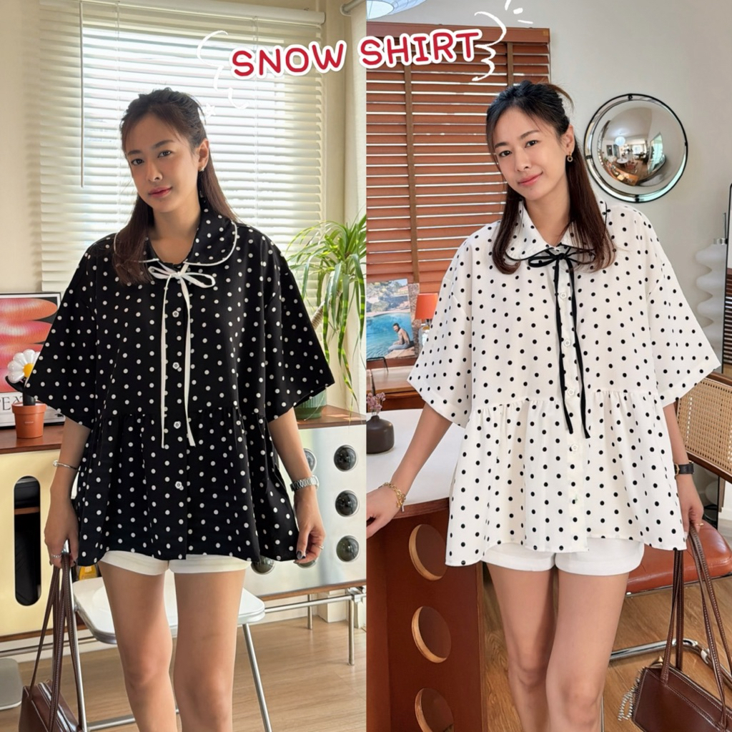 𝗦𝗡𝗢𝗪 𝗦𝗛𝗜𝗥𝗧 เสื้อลายจุดคอบัว แขนสั้น ฟรีไซส์ใส่สบาย ดีเทลกระดุมดอกไม้ เชือกผูกโบว์ถอดแยกได้