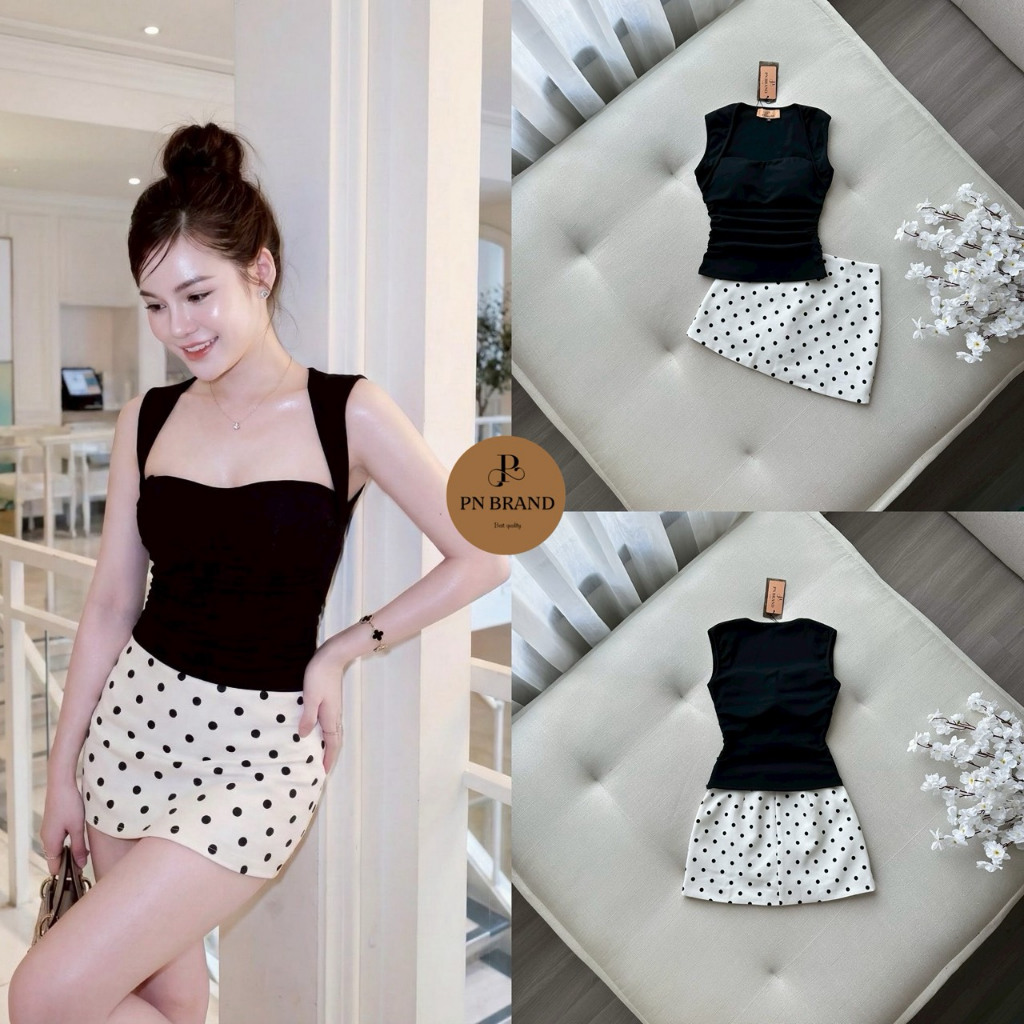 PN010 PN BRAND ชุดเซต เสื้อสายกว้าง แขนกุด คอเว้า แมทช์ กระโปรงสั้น [2PM]