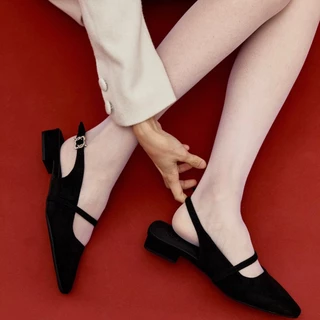 CHUUCHOP - (35-43) Ella Suede Mary Jane รองเท้าแมรี่เจนรัดส้น หัวแหลม หนังกลับ (C8451)