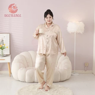 deeteenee ชุดนอนสีพื้น ชุดนอนผู้หญิง Plus Size ชุดนอนคู่ ชุดนอนบิ๊กไซส์ แขนยาว+ขายาว ผ้าซาติน ผ้าเย็นใส่สบาย