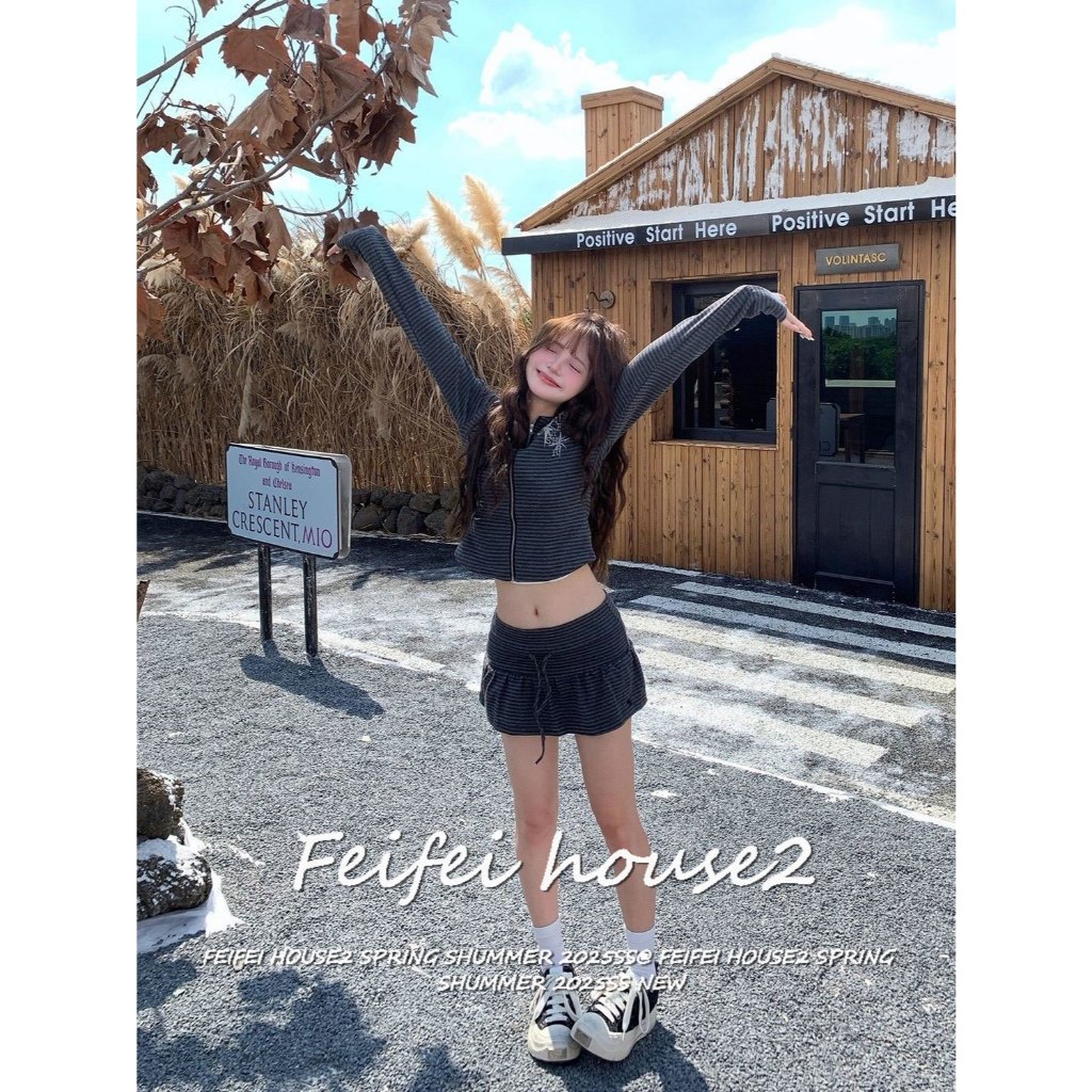 [Women's Striped Ruffled Short Skirt]ผู้หญิงสีตัดกันตกแต่งด้วยงานปักระบายกระโปรงสั้นเอวสูงลายทาง
