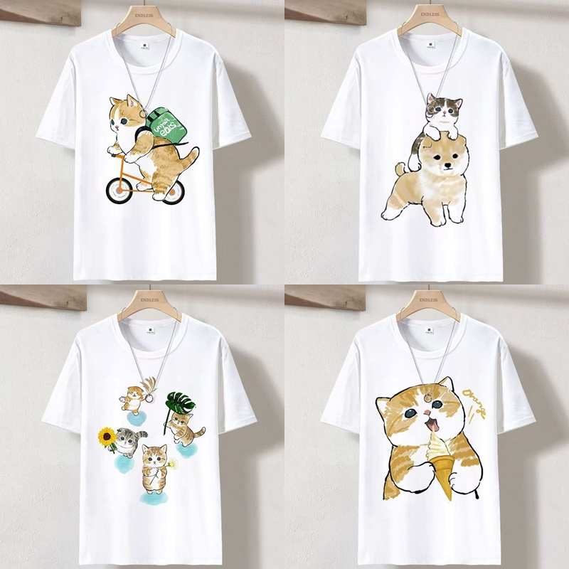 เสื้อยืดคอกลมแขนสั้น สีขาว ลายแมว ผ้าใส่สบาย ES479-ES484