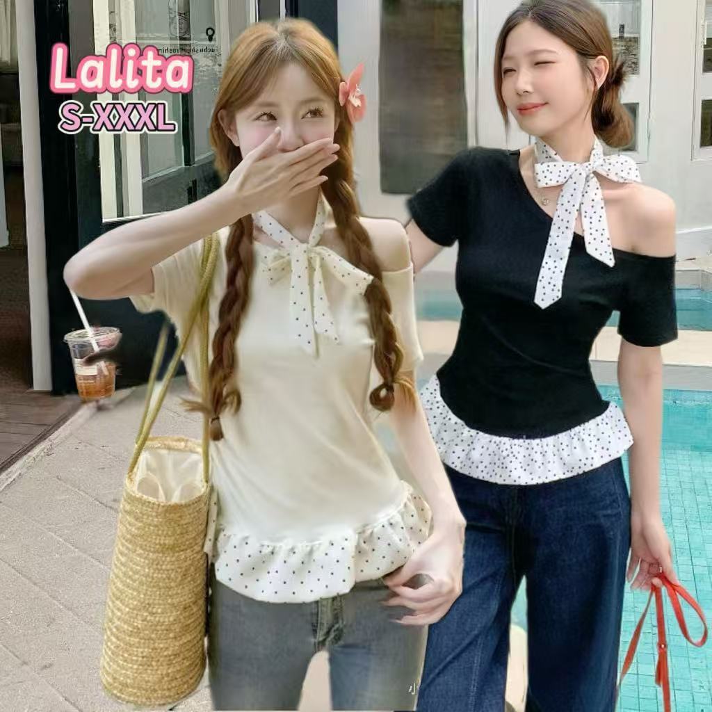 ส่งไวจากไทย เสื้อปาดไหล่ ดีเทลเย็บชายระบาย ลายจุด มีสีให้เลือกมากมาย🍒Lalita