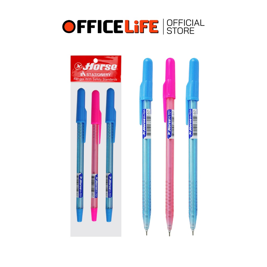 HORSE (ตราม้า) ปากกาลูกลื่น ปากกา รุ่น H-701 ขนาด 0.7 mm. หมึกน้ำเงิน ( แพ็ค 3 ด้าม )