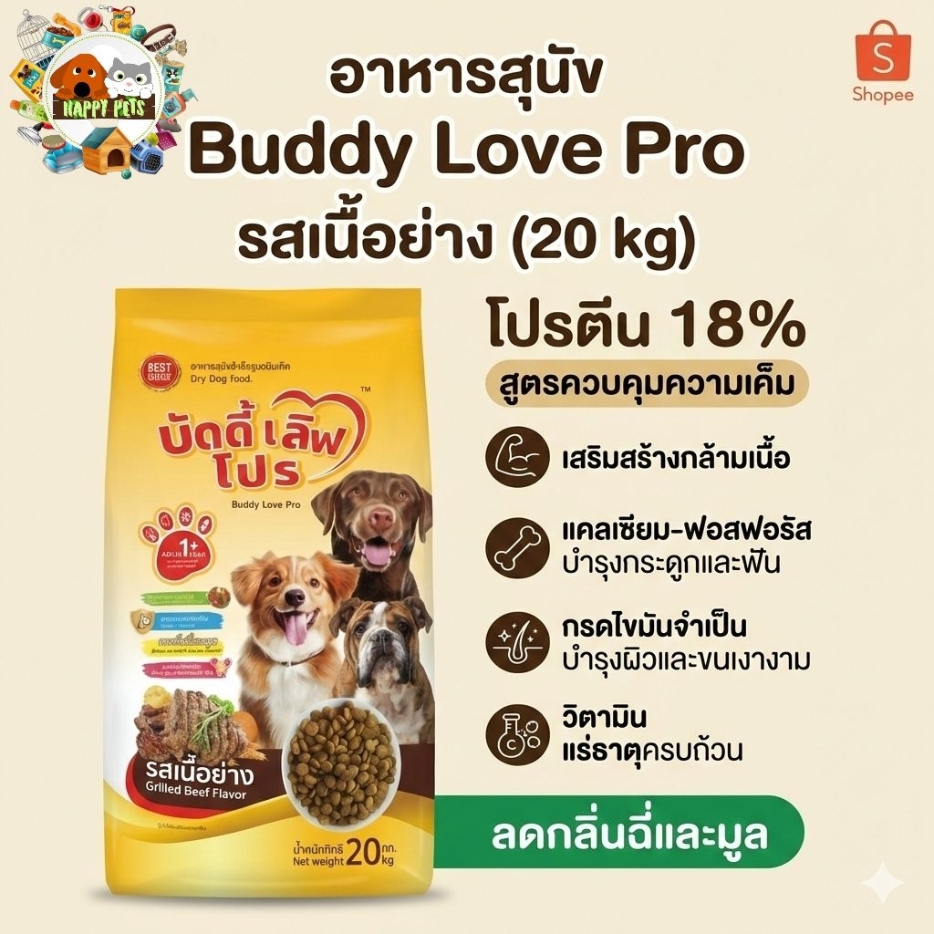 [ส่งไว] อาหารหมา Buddy Love Pro รสเนื้อย่าง 20 กก. เม็ดไม่เค็ม บำรุงขน ลดกลิ่นมูล อาหารสุนัขโต