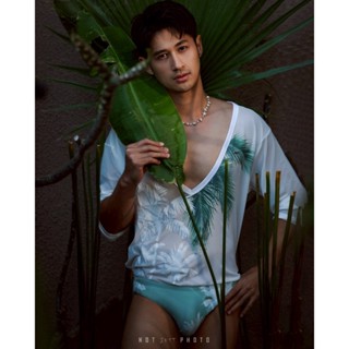 PV43  เสื้อคอกว้างวีลึกผู้ชาย ผ้าซีทรู แขนยาวผ้าตาข่าย ดีไซน…